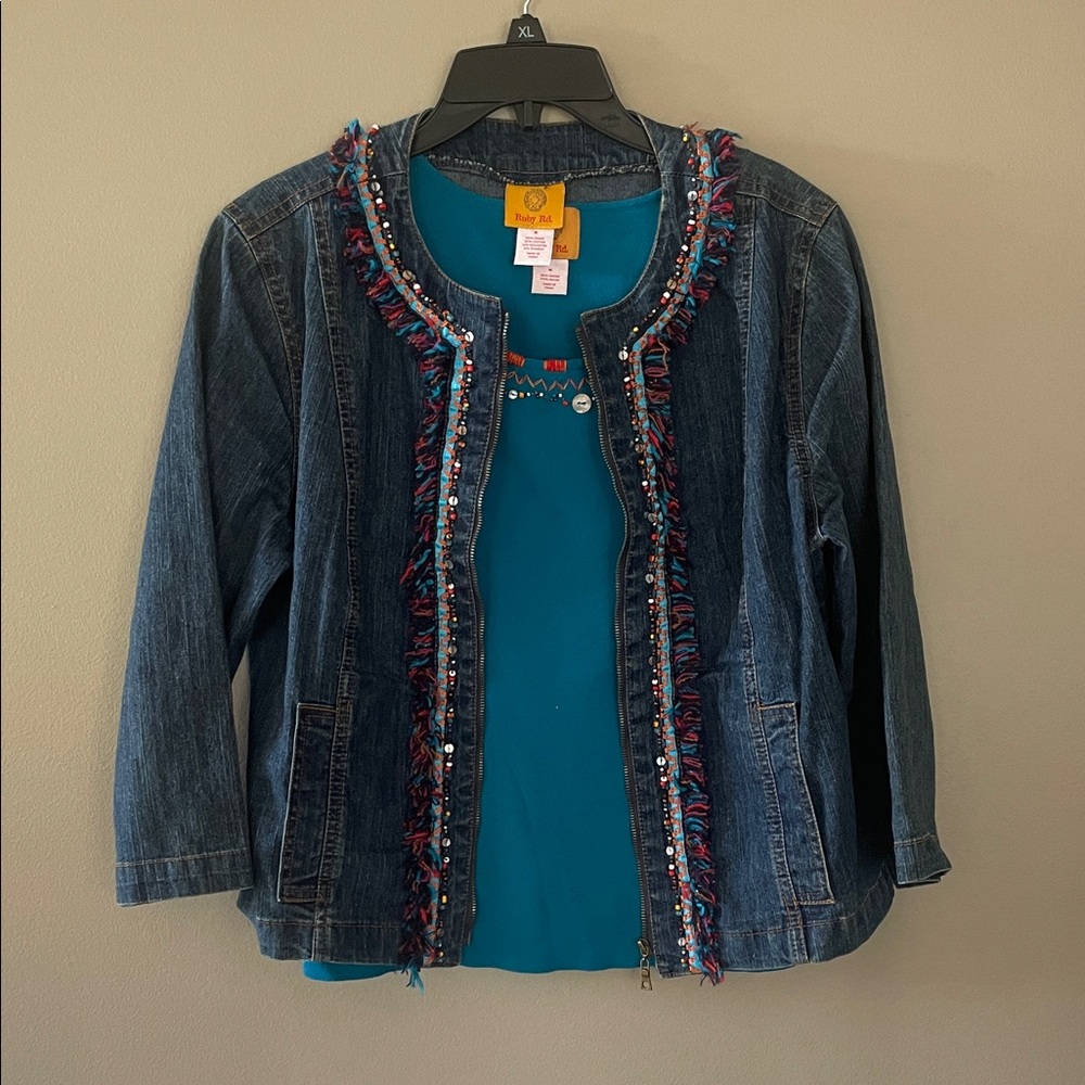 Ruby Rd. Blue Denim Jacket with Multicolor Fringe